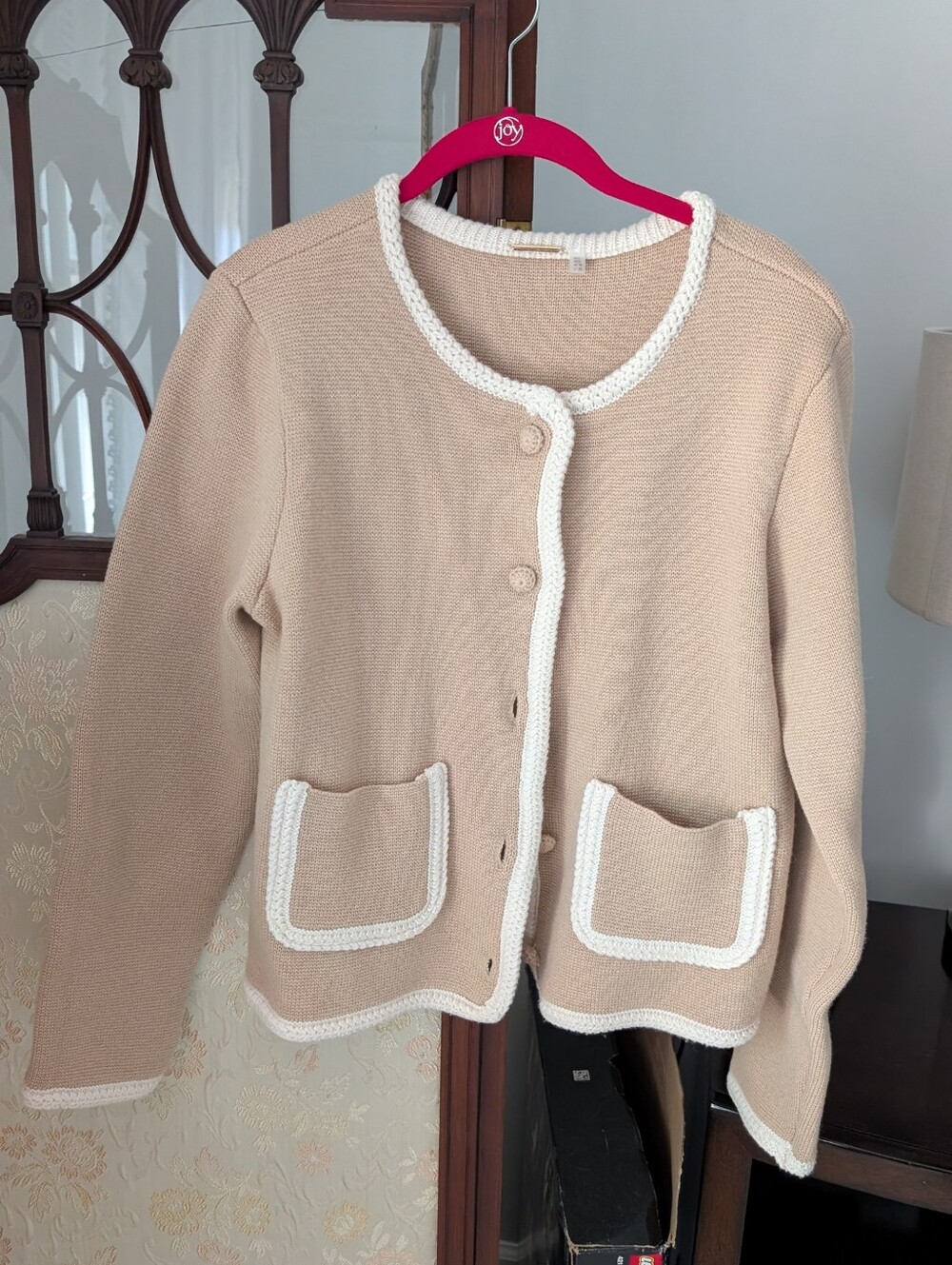 Ellie Tahari Cream Trim Beige Cardigan Sweater